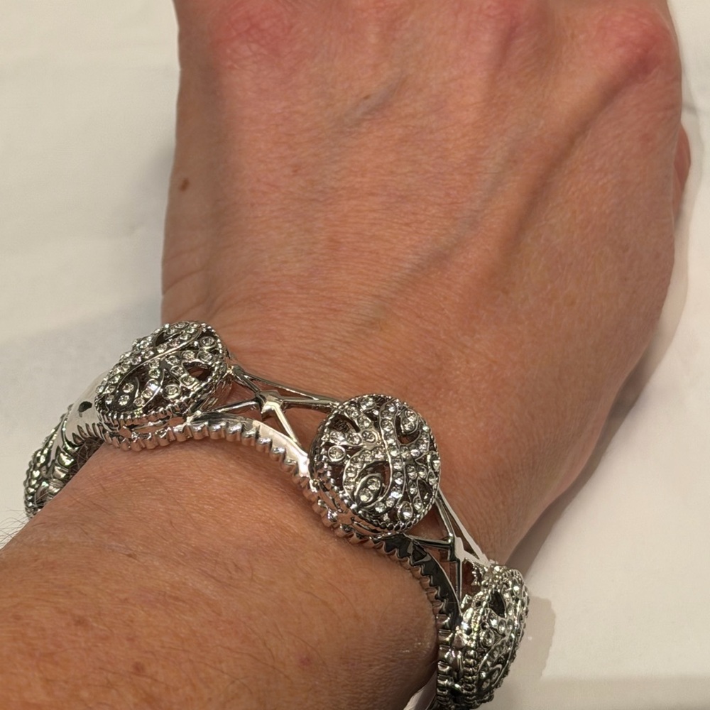 QVC Silver and Diamond Gemstone Bold Bangle Bracelet with Sparkling Accents NWT - Picture 4 of 7